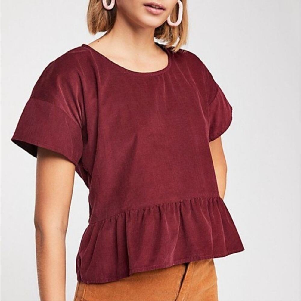 Free People x CP Shades Maroon Corduroy Peplum Top | Size Small